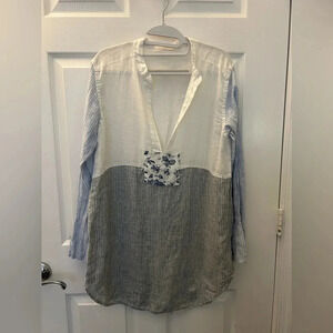 CP Shades Multicolor Stripes & Floral Patchwork Linen Loganlook Top Sz S